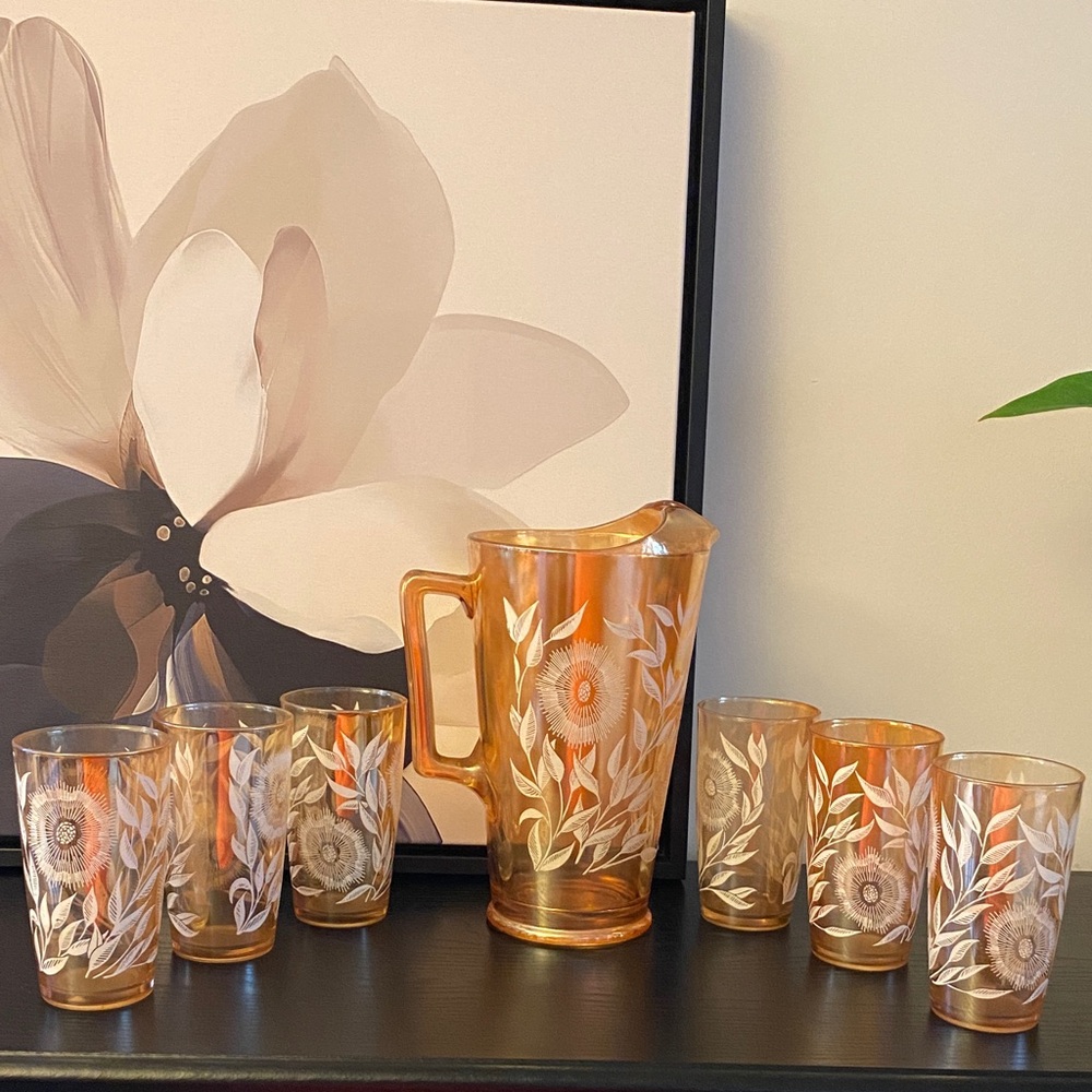Vintage Jeanette Marigold Floragold Glass and Pitcher Set